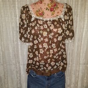 🌼 Sheer flowy chocolate brown crochet blouse 🌼